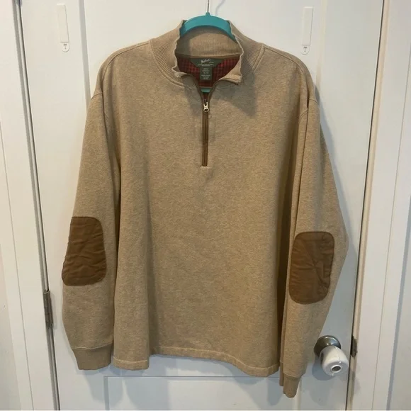 Woolrich QuarterZip Pullover Sweater Elbow Patch Tan Brown Mens Size XL - Picture 1 of 8